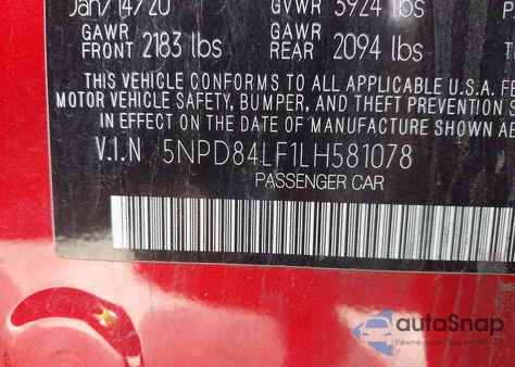 2020 Hyundai Elantra Sel z USA, uszkodzony, nr VIN 5NPD84LF1LH581078